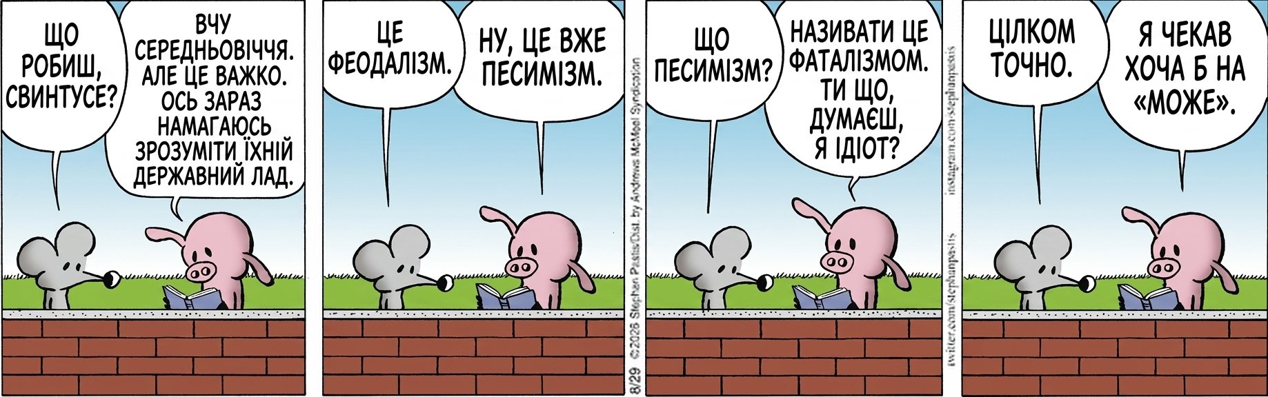 ЩО РОБИШ, СВИНТУСЕ? ВЧУ СЕРЕДНЬОВІЧЧЯ. АЛЕ ЦЕ ВАЖКО. ОСЬ ЗАРАЗ НАМАГАЮСЬ ЗРОЗУМІТИ ЇХНІЙ ДЕРЖАВНИЙ ЛАД. ЦЕ ФЕОДАЛІЗМ. НУ, ЦЕ ВЖЕ ПЕСИМІЗМ. ЩО ПЕСИМІЗМ? НАЗИВАТИ ЦЕ ФАТАЛІЗМОМ. ТИ ЩО, ДУМАЄШ, Я ІДІОТ? ЦІЛКОМ ТОЧНО. Я ЧЕКАВ ХОЧА Б НА «МОЖЕ».